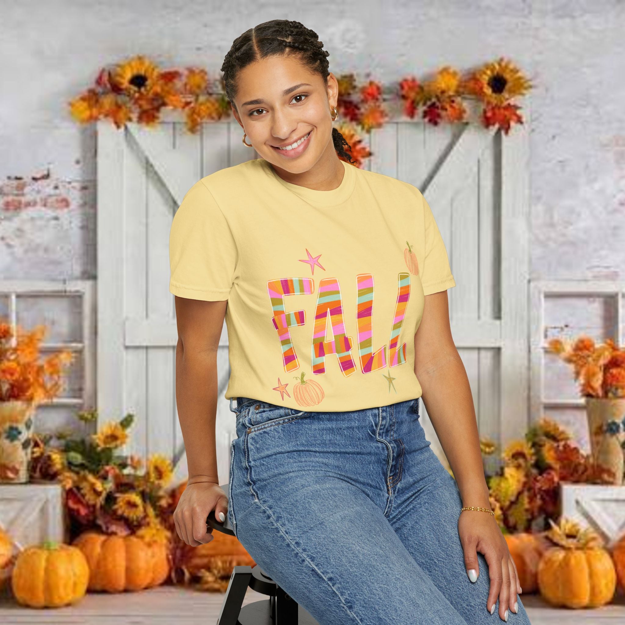 Fall Graphic T-Shirt — Colorful Pumpkin Plaid Autumn Tee