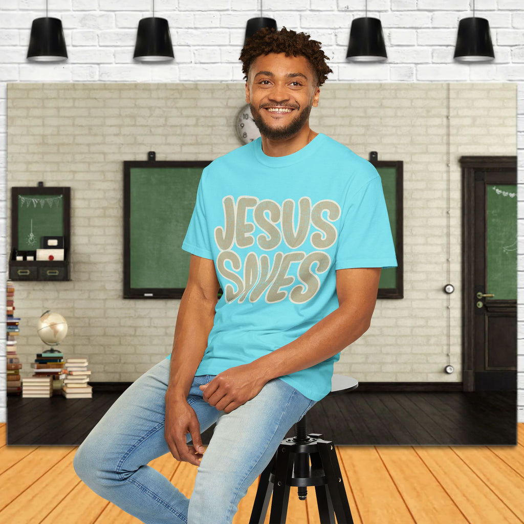 Jesus Saves T-Shirt — Retro Gold Script Christian Tee
