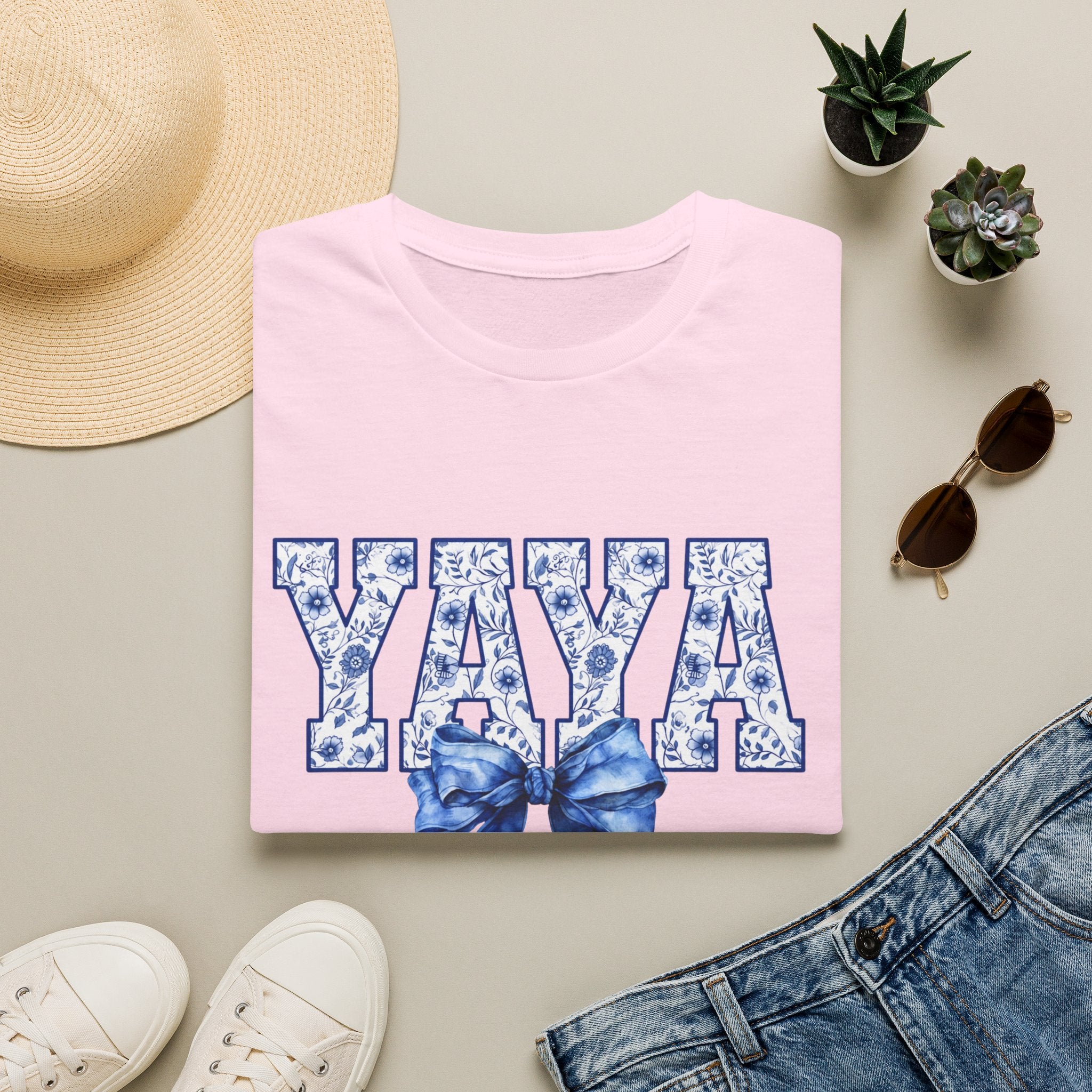 Yaya Floral Block Tee — 'YAYA' Blue Floral Design with Bow