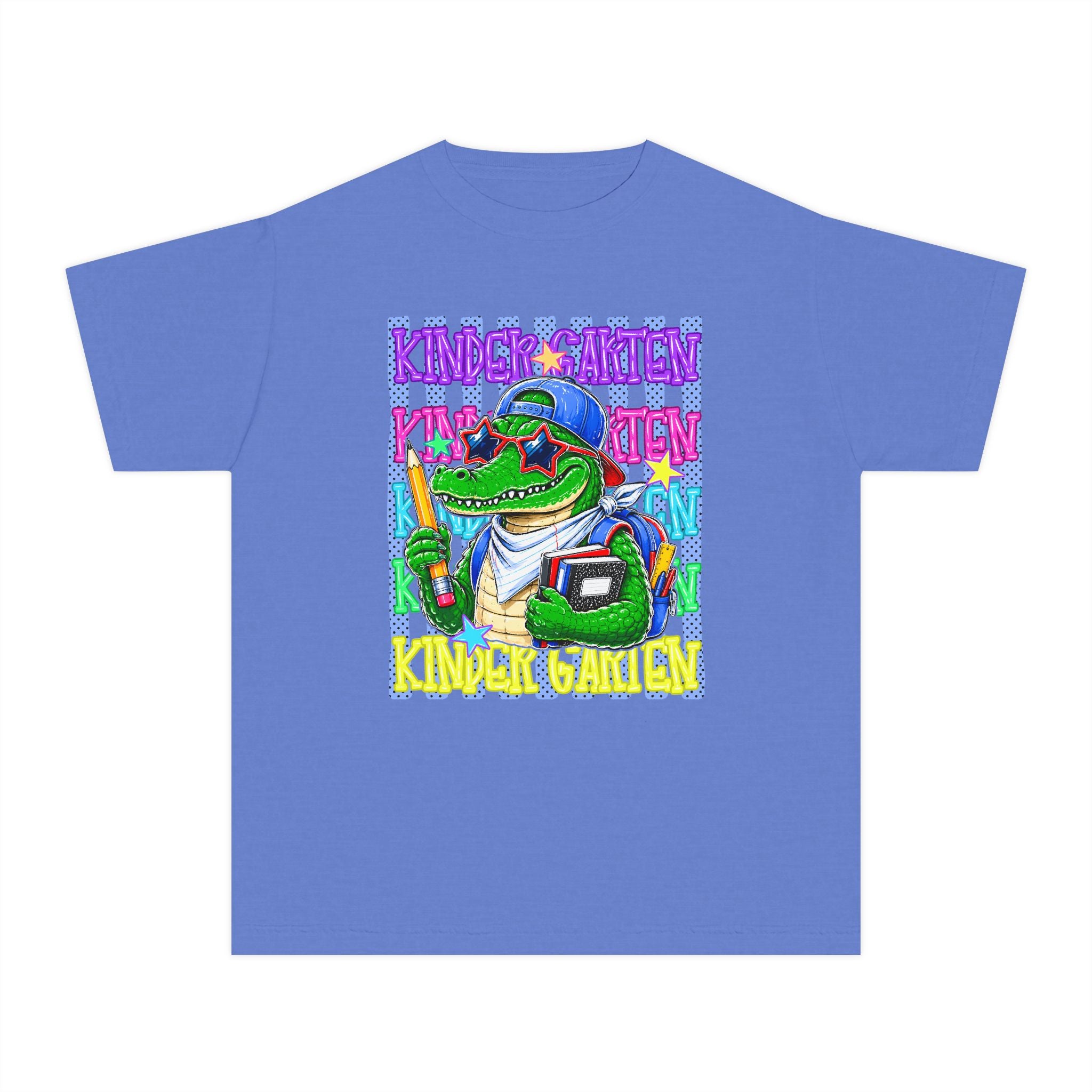 Kids Gator Teacher Tee — "Kindergarten" Colorful Alligator School Shirt