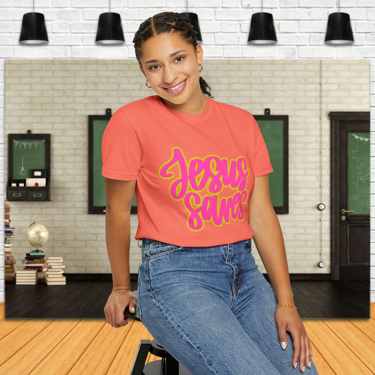 Jesus Saves T‑Shirt — Bright Pink & Green Christian Graphic Tee