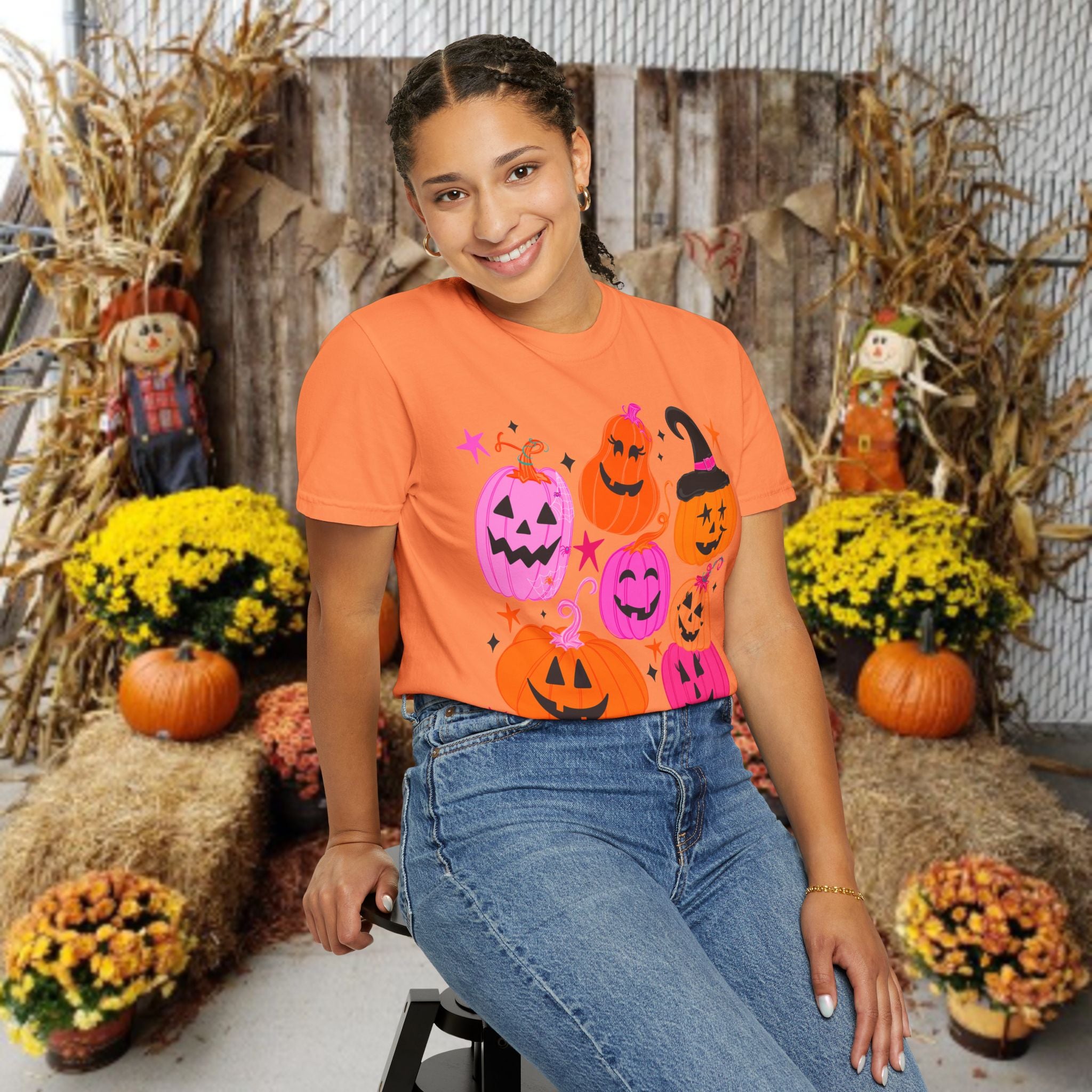 Halloween Pumpkins T-Shirt — Cute Pink & Orange Jack-O'-Lanterns