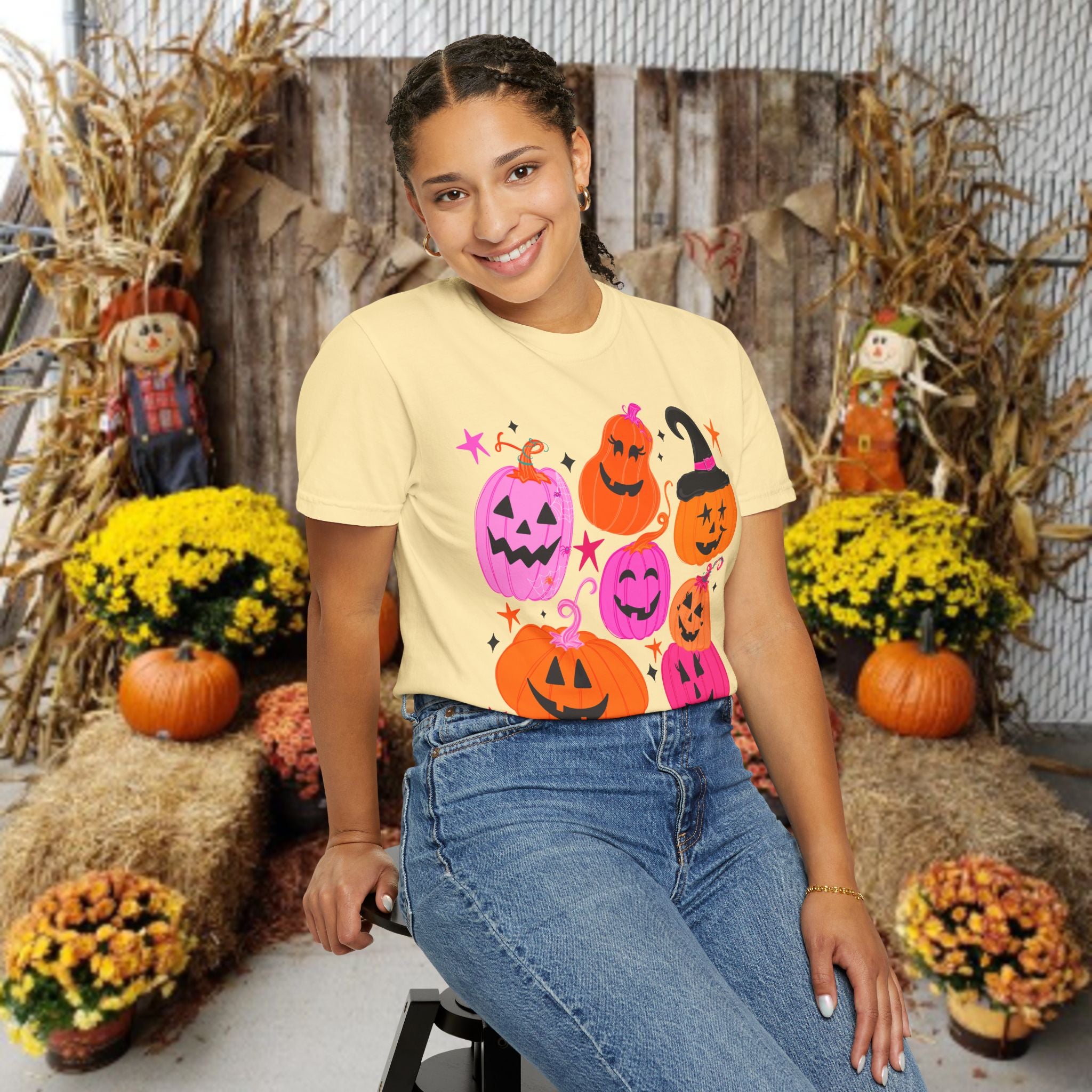 Halloween Pumpkins T-Shirt — Cute Pink & Orange Jack-O'-Lanterns