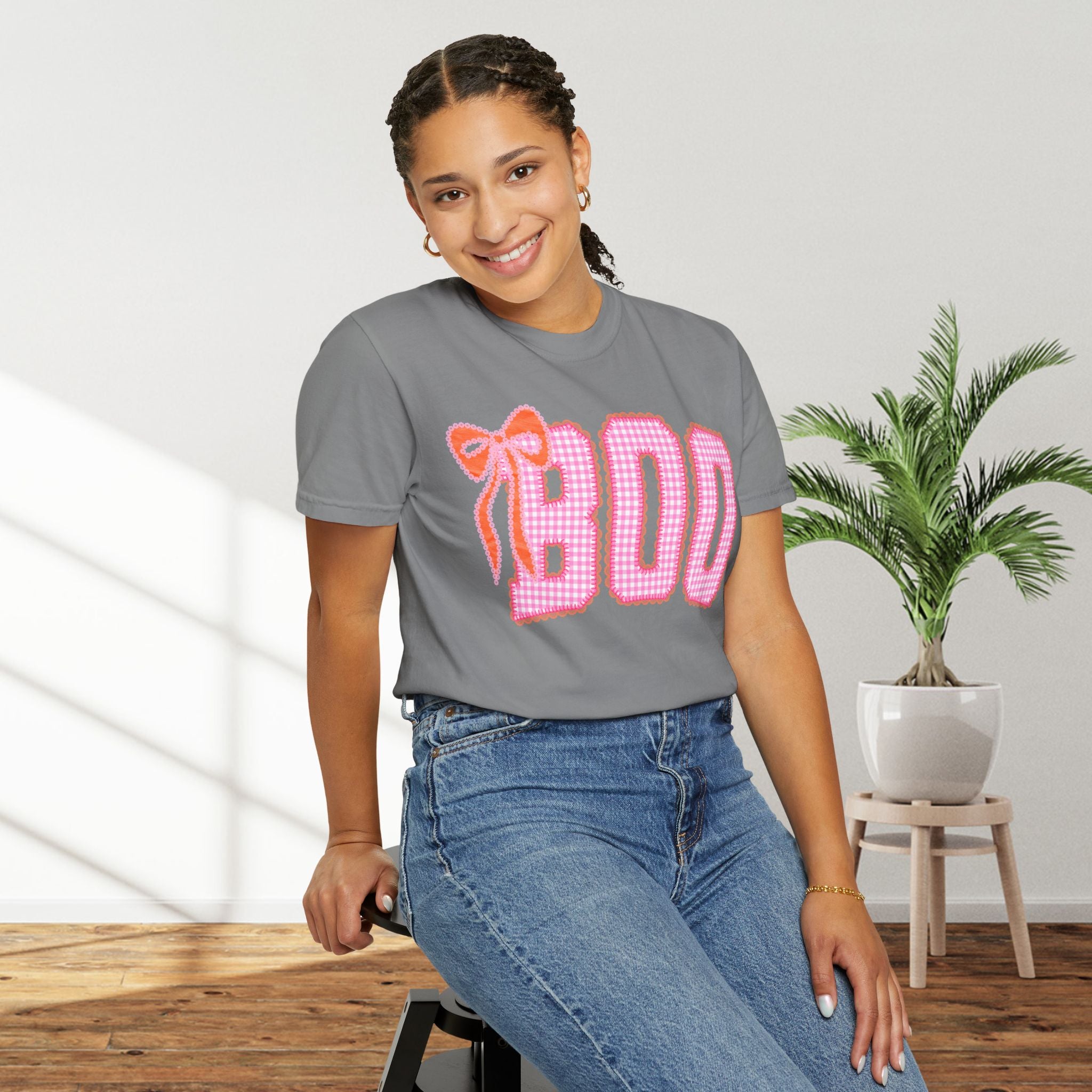 Boo Pink Gingham Graphic T-Shirt with bow