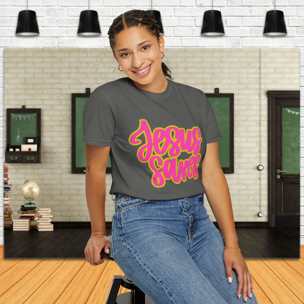 Jesus Saves T‑Shirt — Bright Pink & Green Christian Graphic Tee
