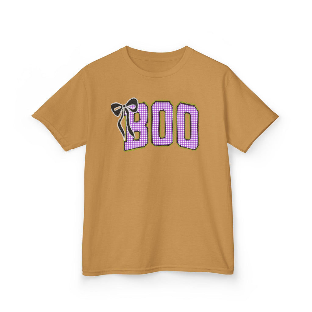 Kids Tee — 'BOO' Purple Gingham Halloween Shirt with Bat Accent
