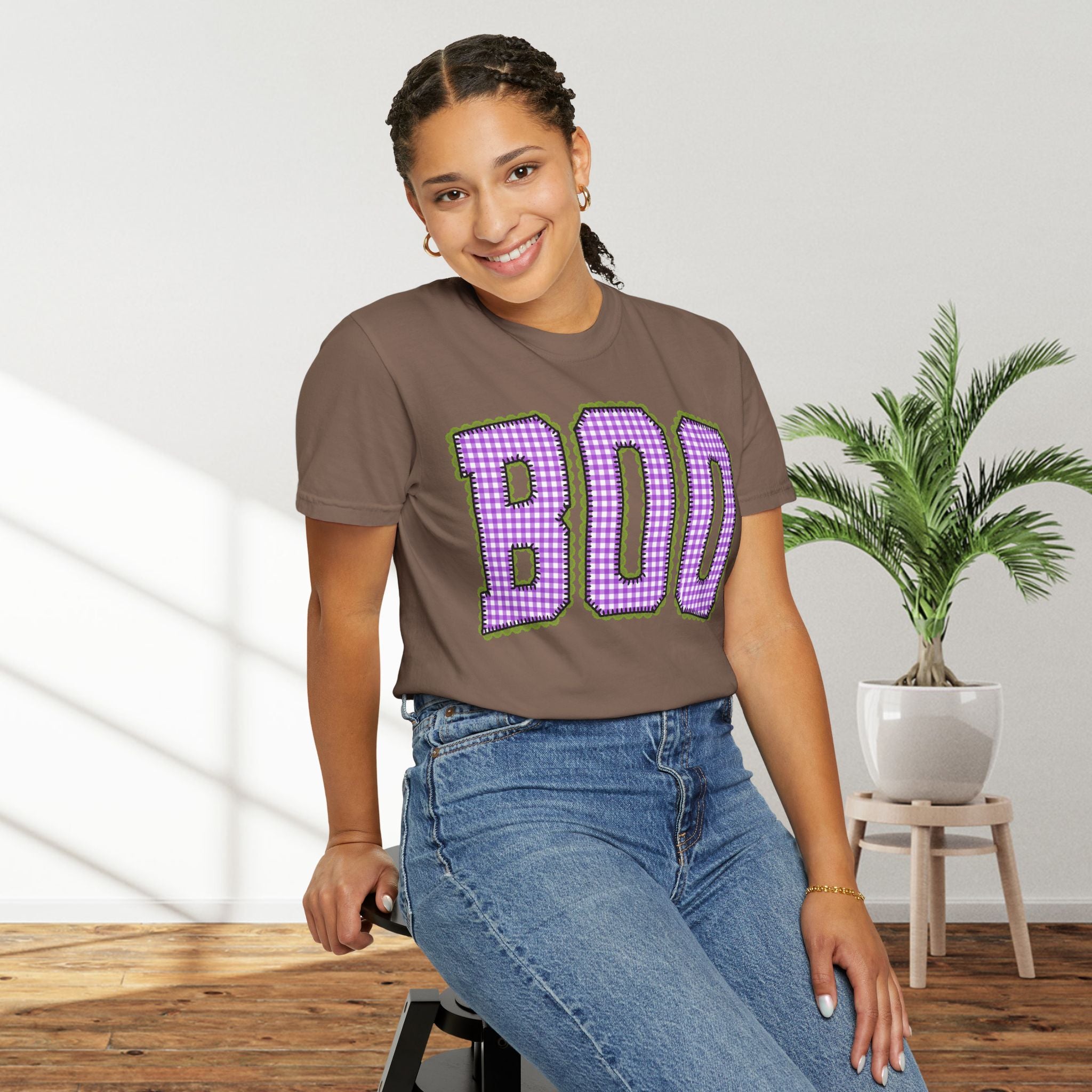 BOO Graphic T-Shirt — Purple Plaid Halloween Tee