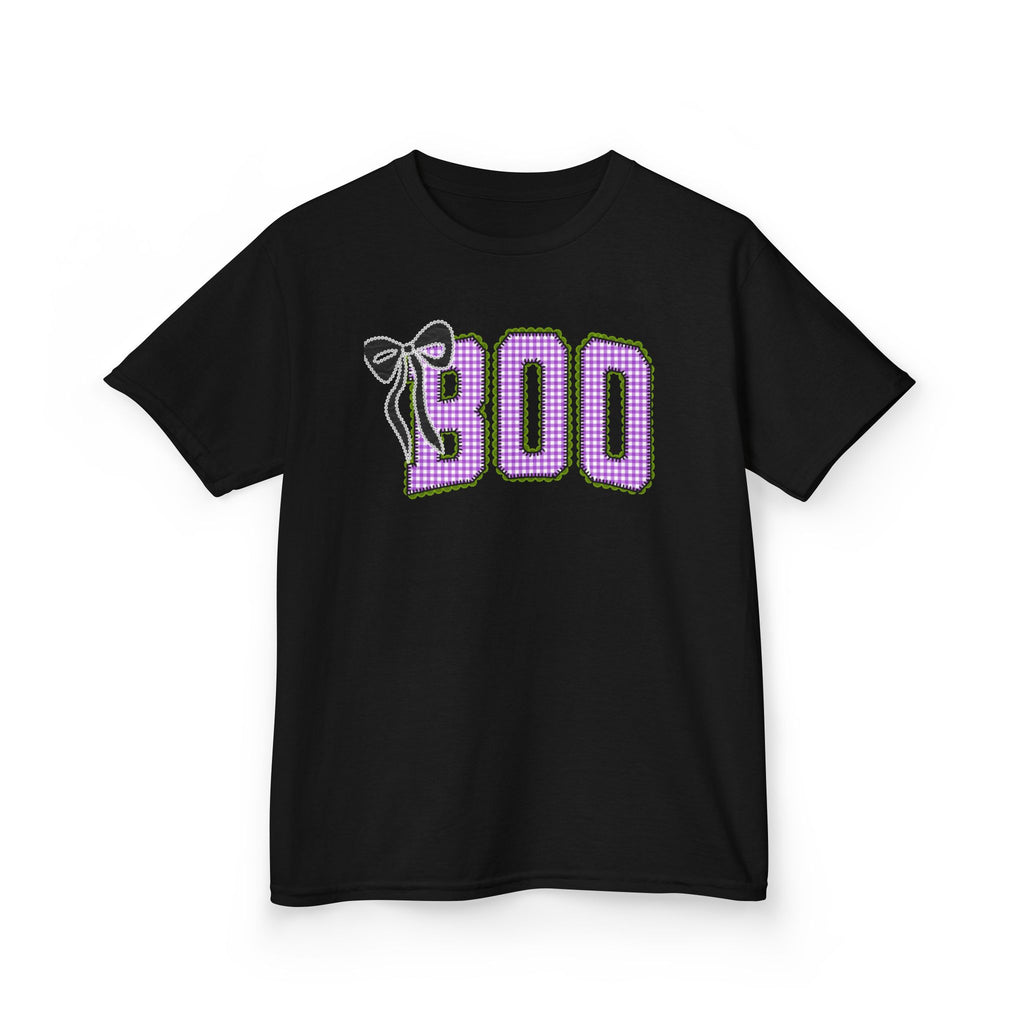 Kids Tee — 'BOO' Purple Gingham Halloween Shirt with Bat Accent