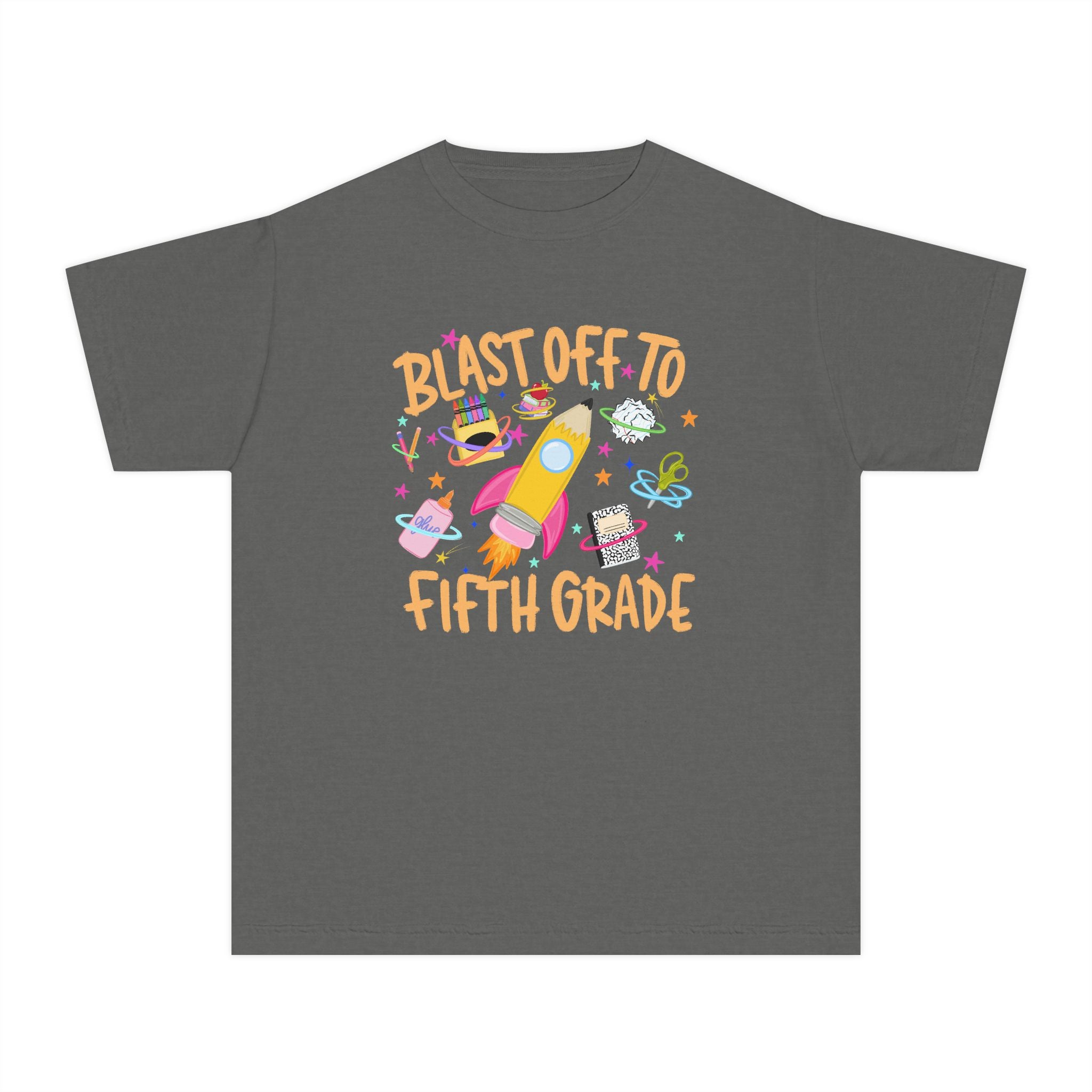 Blast Off to Fifth Grade Youth T‑Shirt — Back to School Rocket Tee