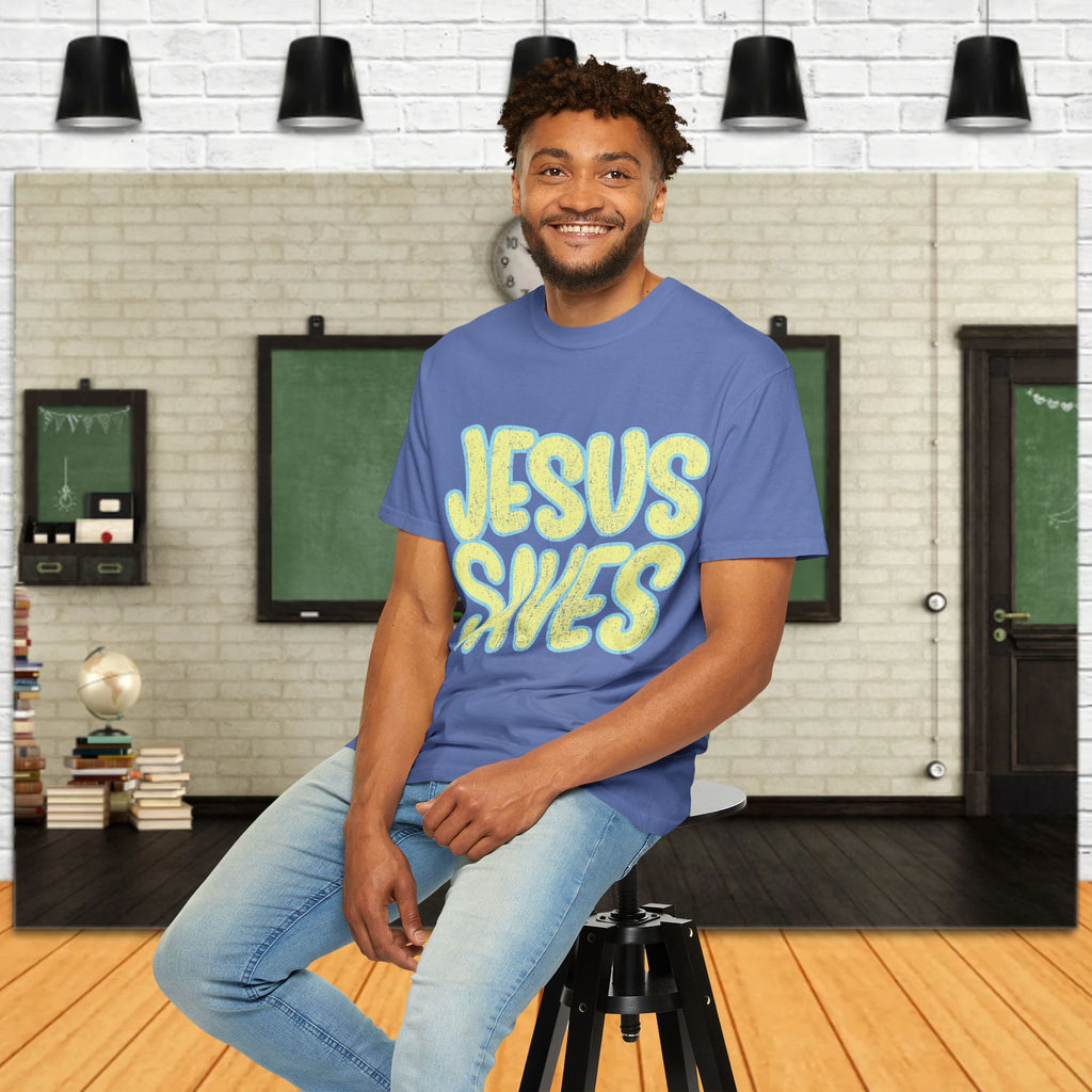 Jesus Saves T‑Shirt — Retro Bubble Text Christian Faith Tee