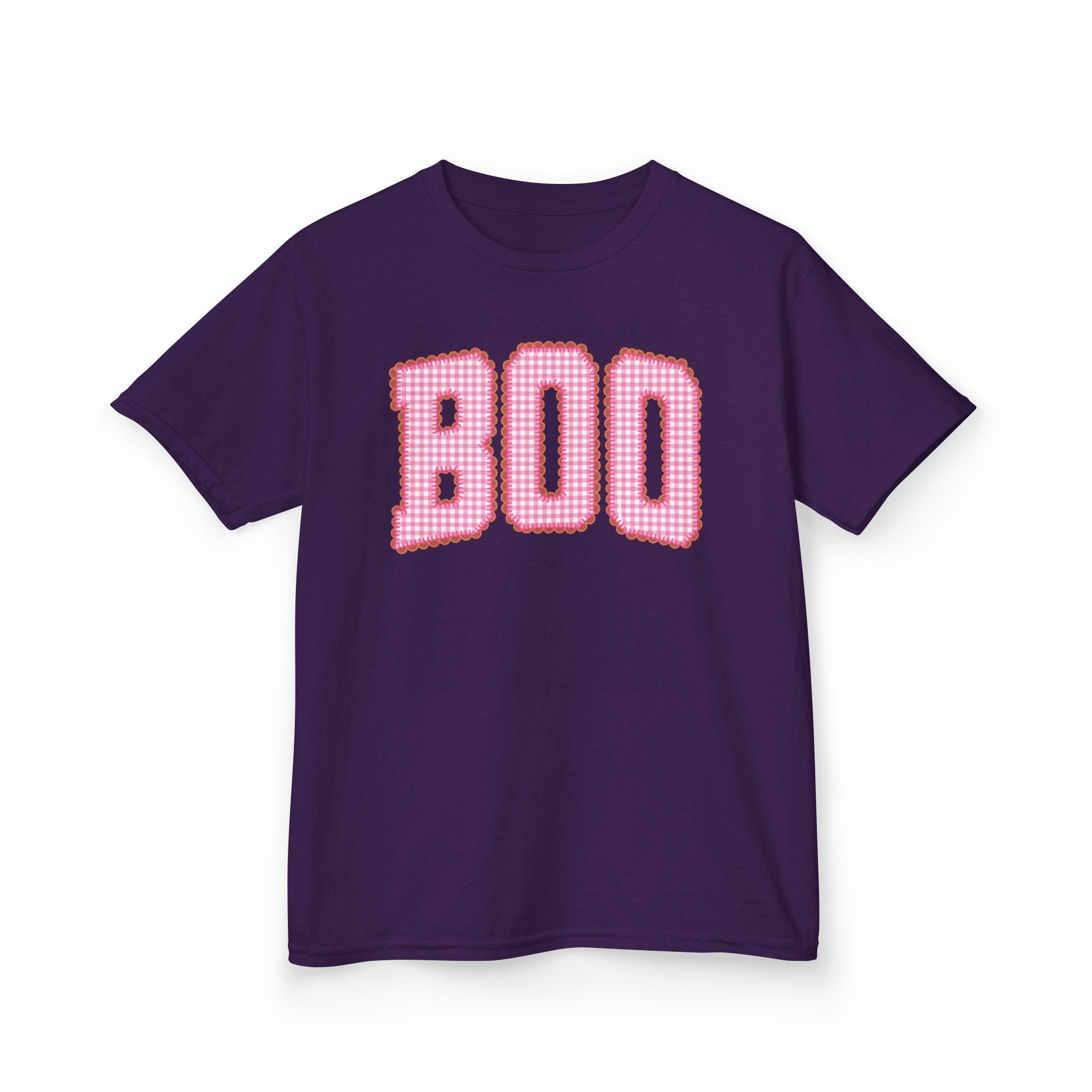 Kids 'BOO' Halloween Tee — Pink Gingham Lettering