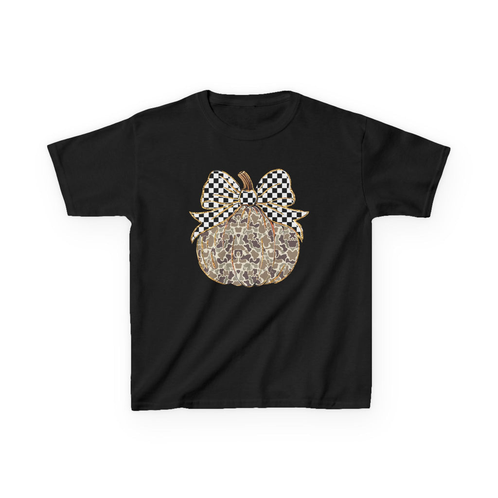 Kids Leopard Pumpkin Tee with Gingham Bow — Halloween Fall Graphic Shirt