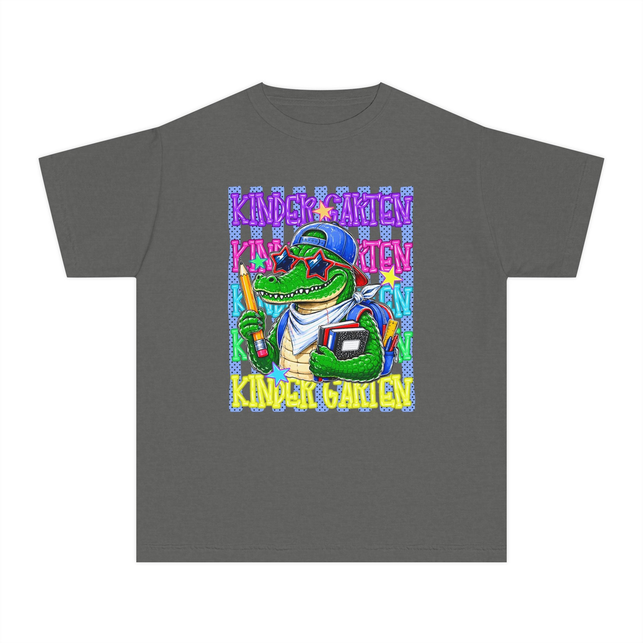 Kids Gator Teacher Tee — "Kindergarten" Colorful Alligator School Shirt