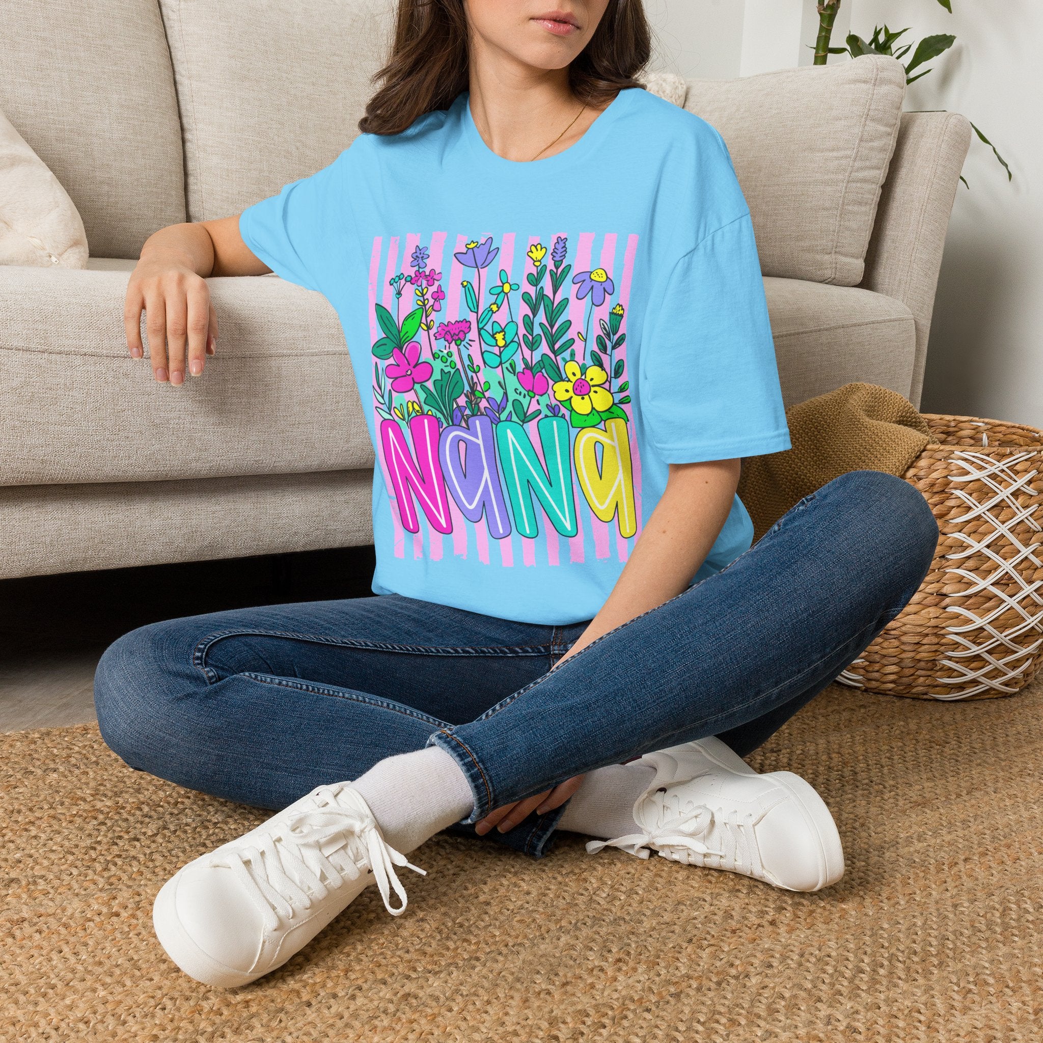 Floral Stripe "NANA" T-Shirt — Bright Garden Grandma Gift