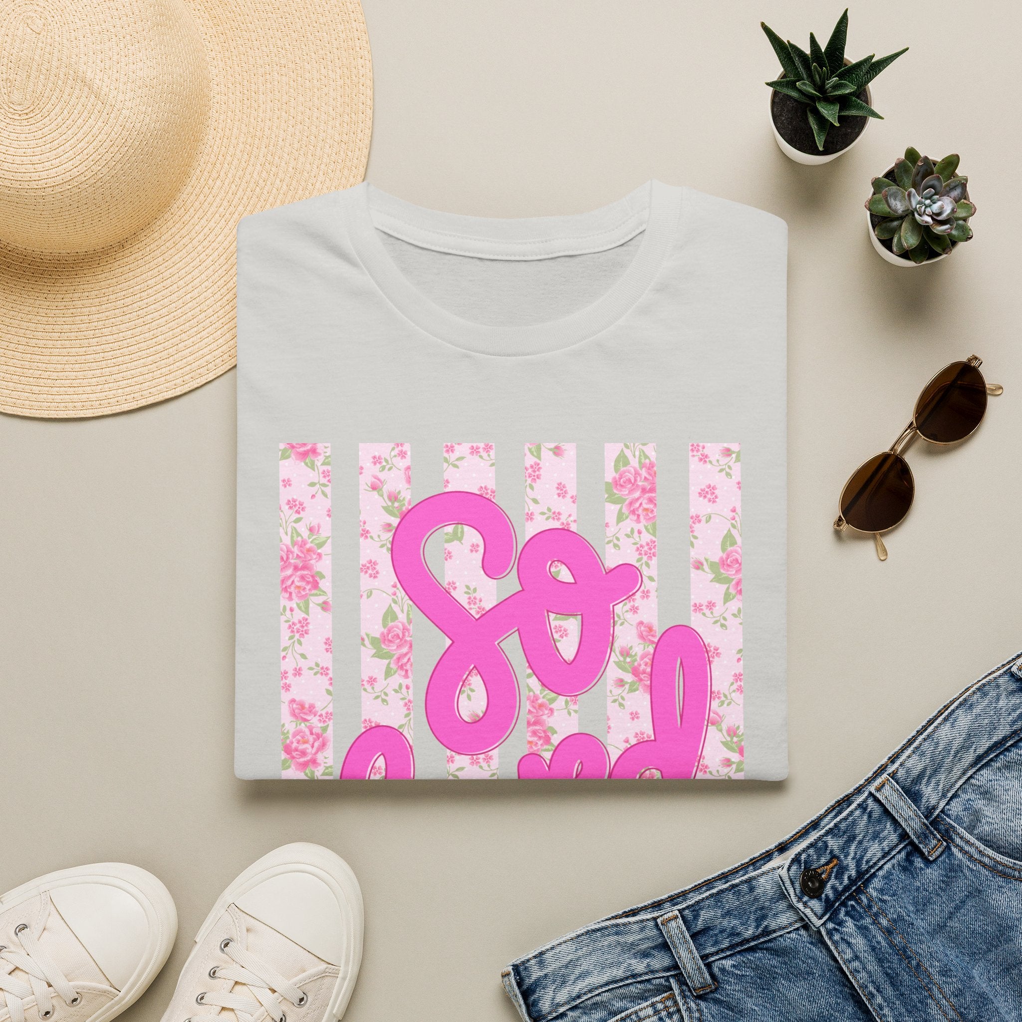 "So Loved" Pink Script Floral Stripe Graphic Tee
