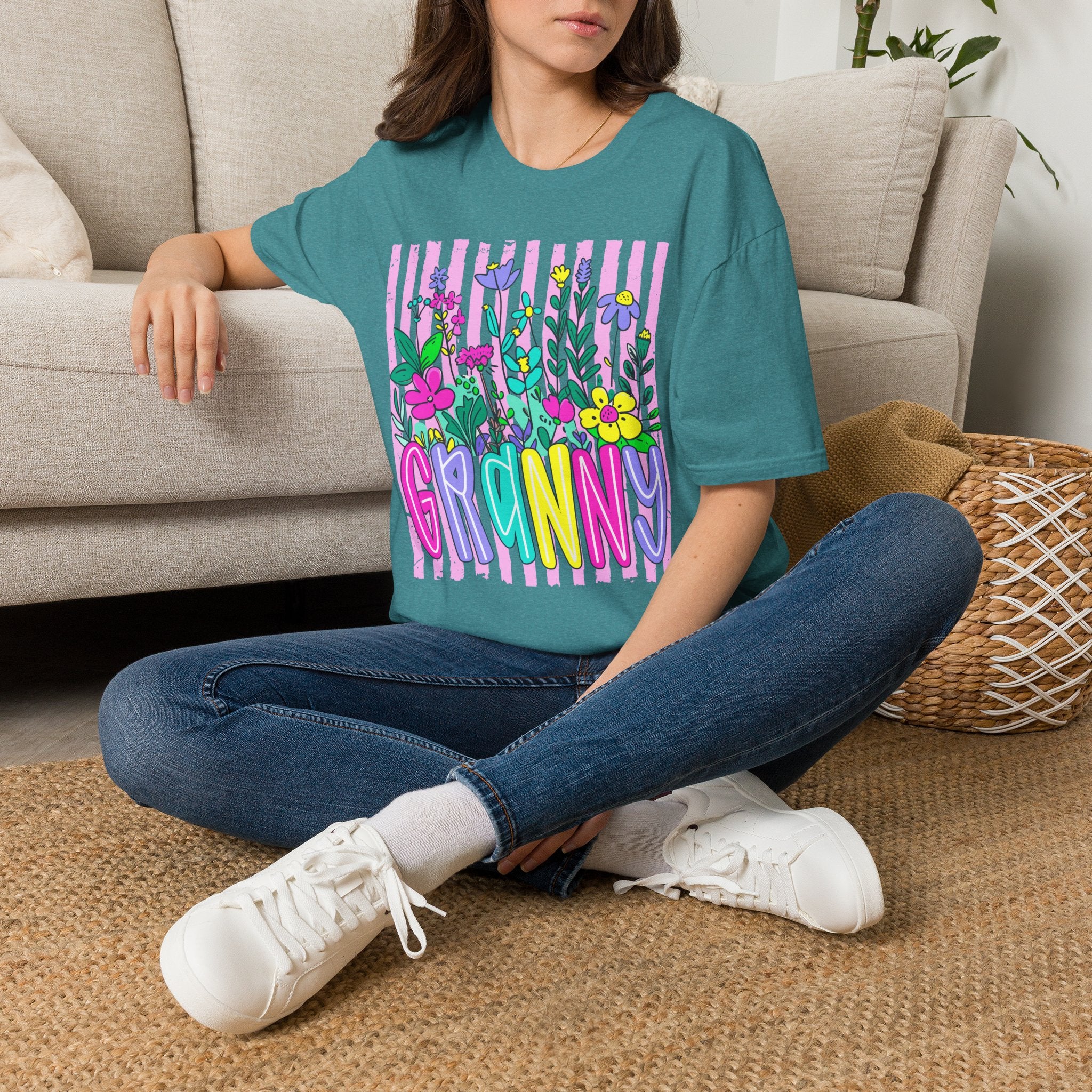 Granny Floral Graphic T-Shirt — Colorful Striped Bouquet Tee