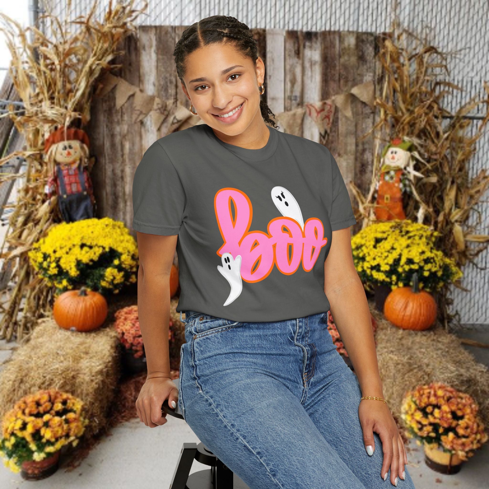 Boo Ghost Graphic T-Shirt — Pink Script Halloween Tee