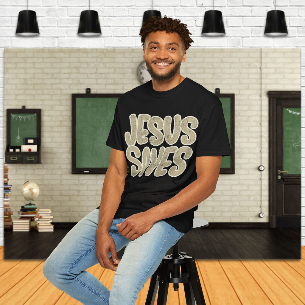 Jesus Saves T-Shirt — Retro Gold Script Christian Tee