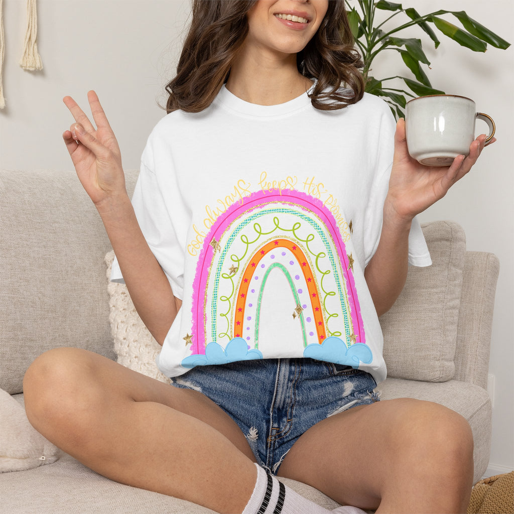 God Always keeps his Promises- Rainbow Graphic T-Shirt — Cute Pastel Rainbow with Clouds