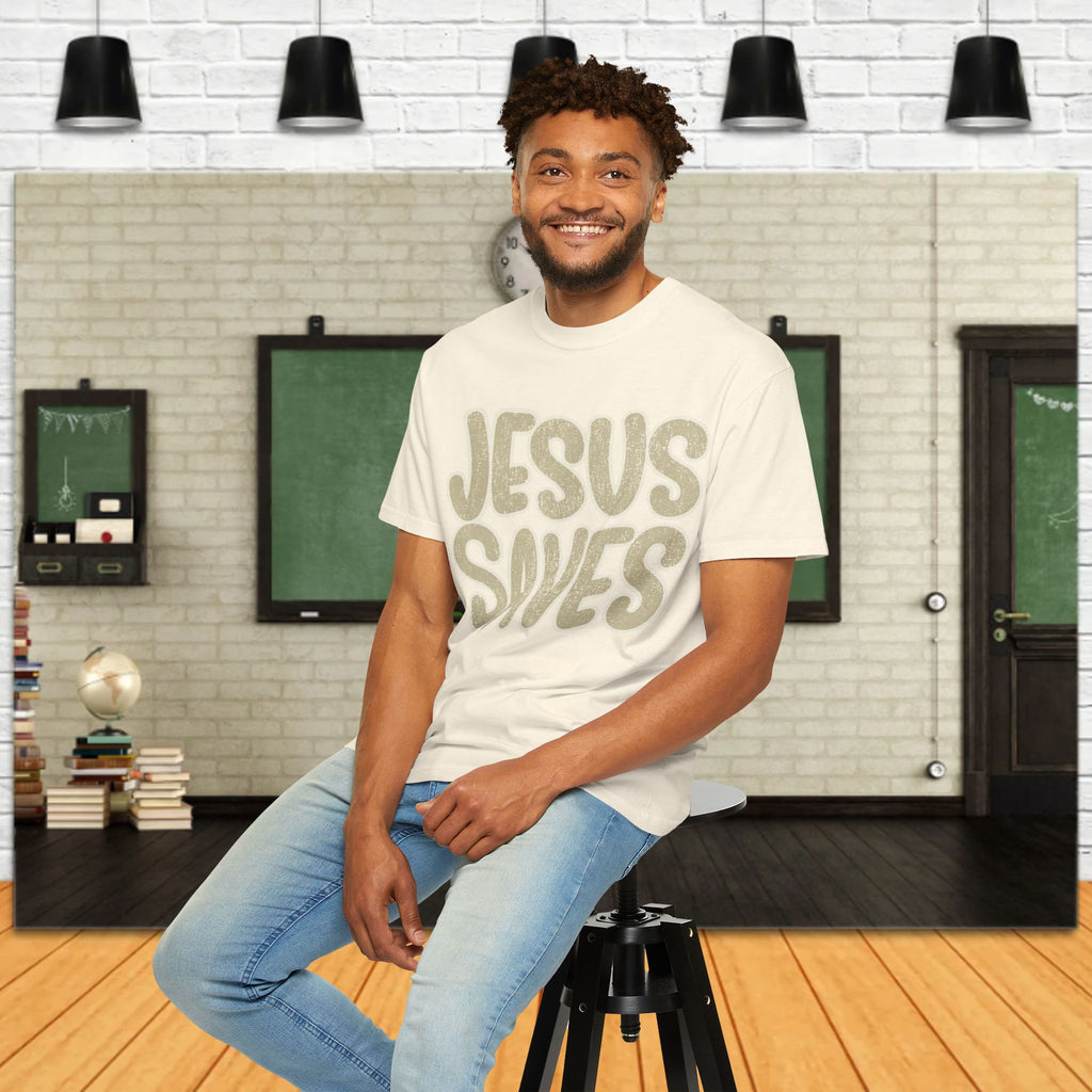 Jesus Saves T-Shirt — Retro Gold Script Christian Tee