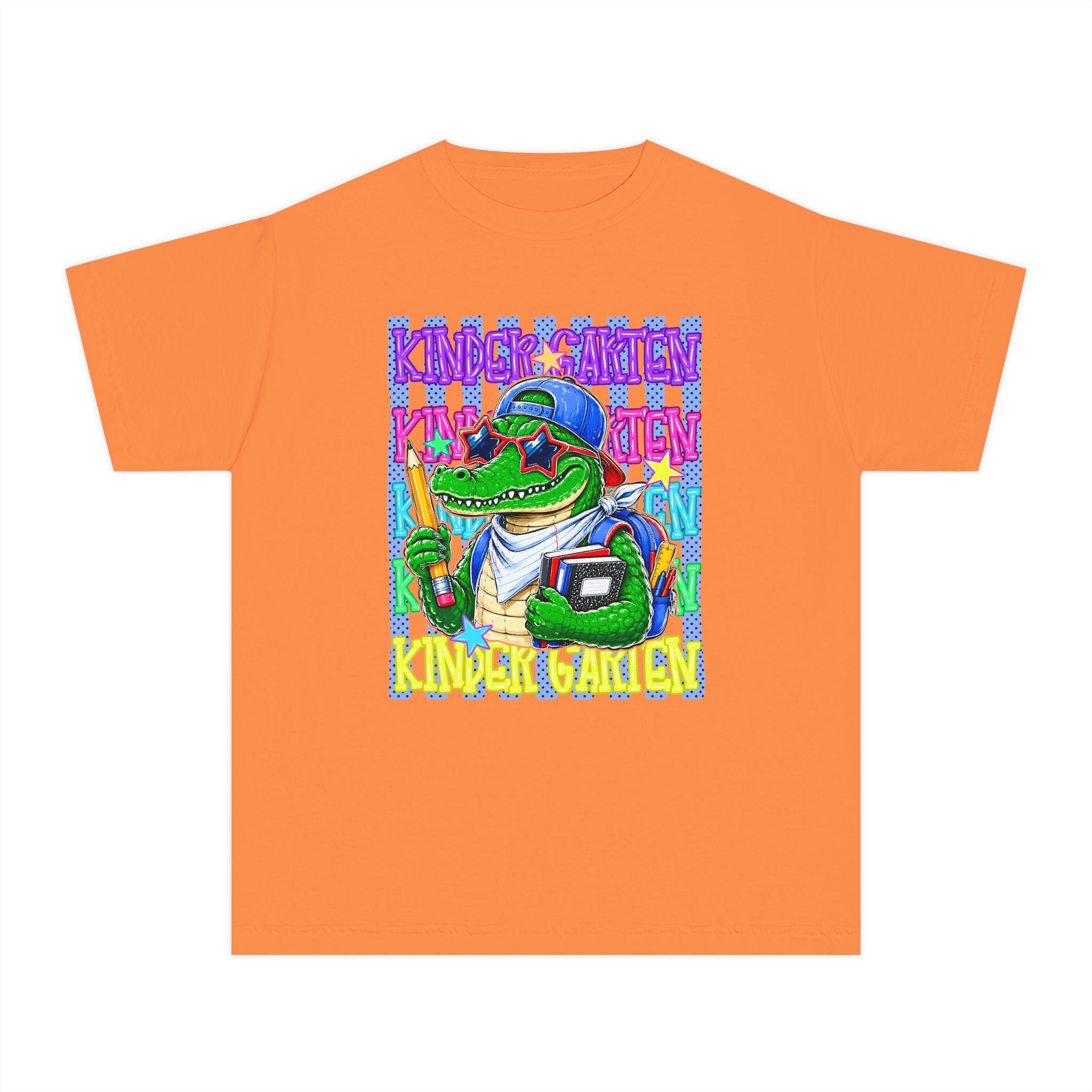 Kids Gator Teacher Tee — "Kindergarten" Colorful Alligator School Shirt