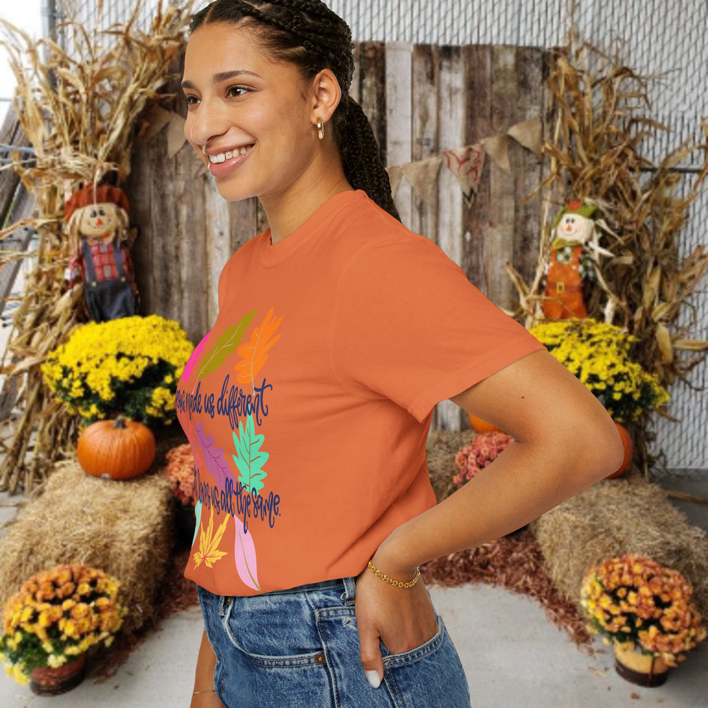 Christian Fall T-Shirt — "Jesus Made Us Different But Loves Us All The Same" (Colorful Leaves)