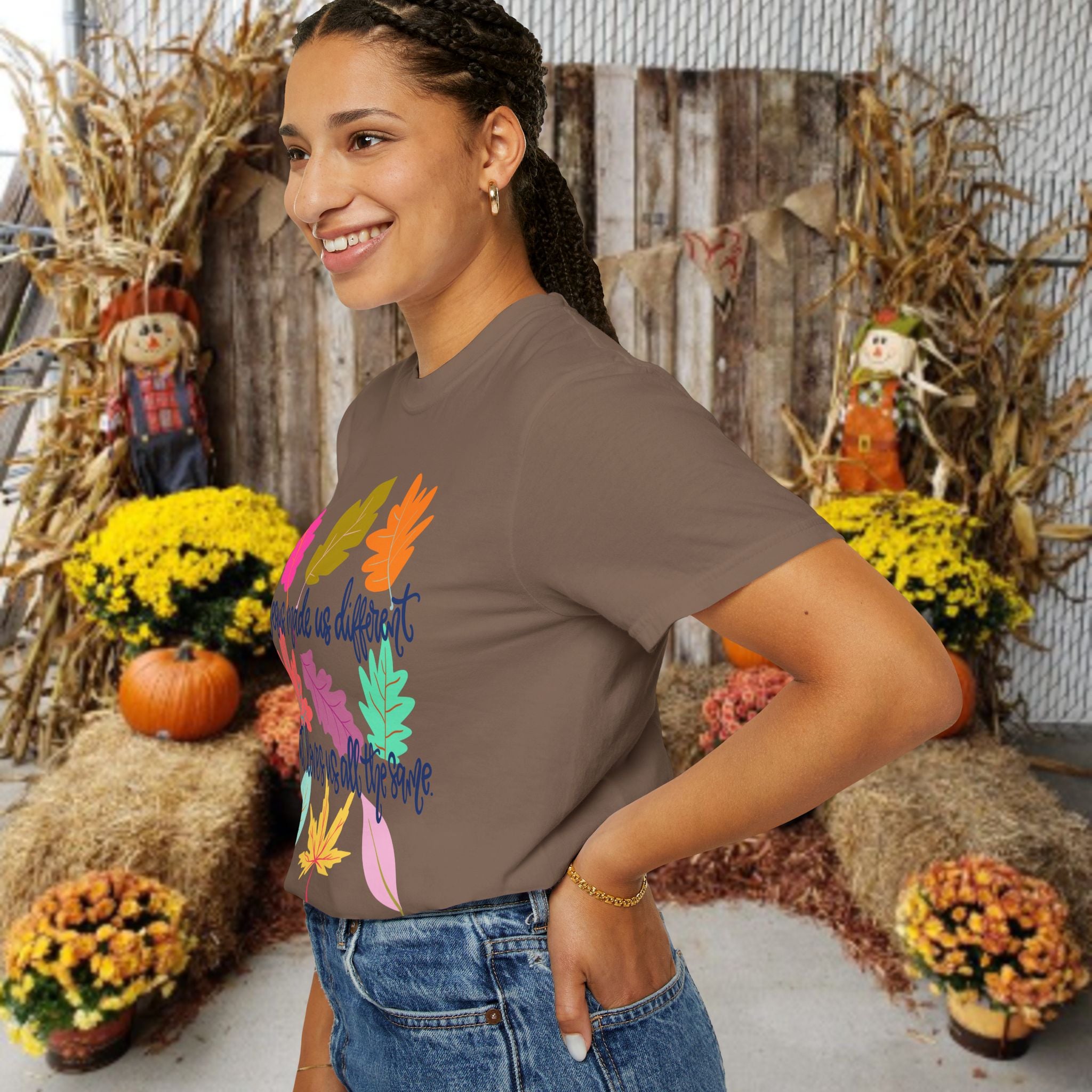 Christian Fall T-Shirt — "Jesus Made Us Different But Loves Us All The Same" (Colorful Leaves)
